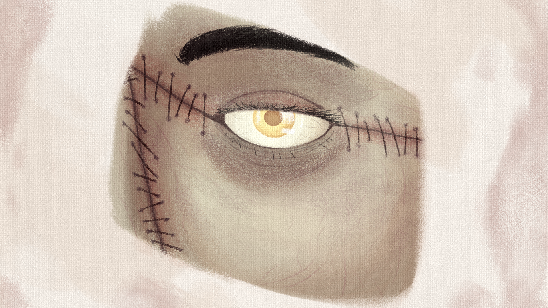 A digital painting of Steve's left eye, eyebrow, and cheek. The painting appears to be unfinished, and a canvas stained with light red can be seen behind it.